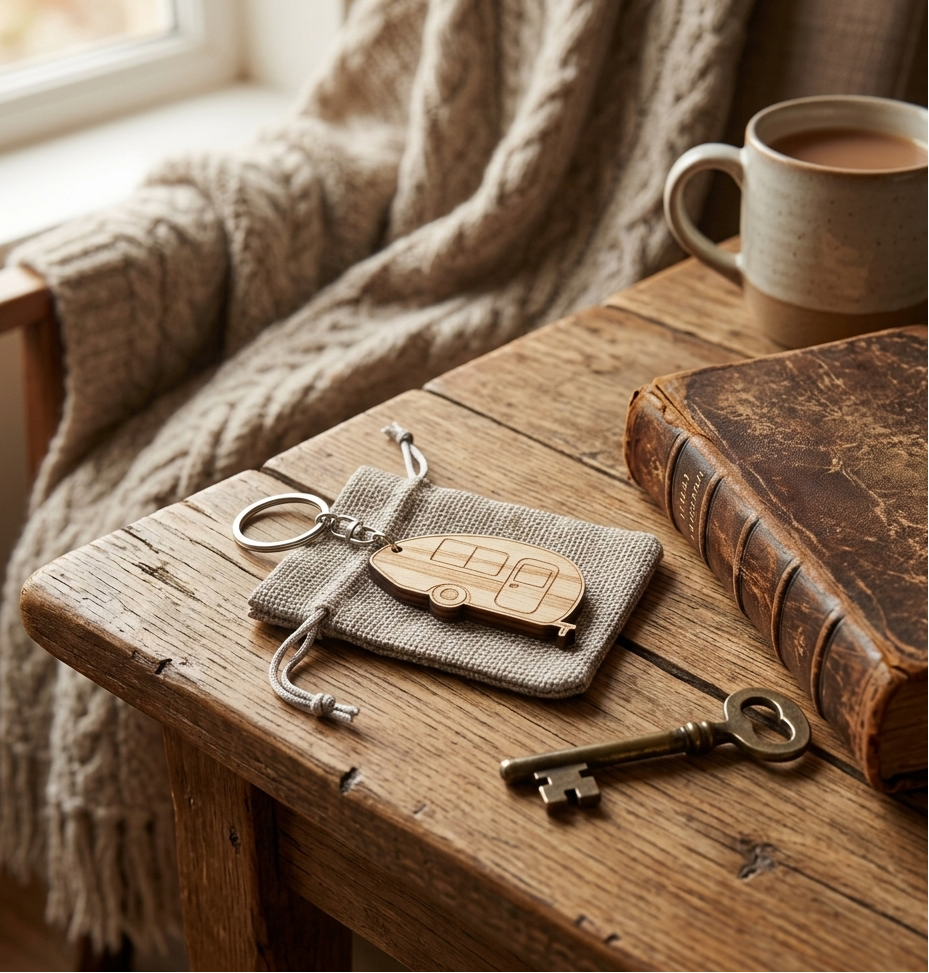 A hardwood caravan keychain with a grey hessian gift bag. A keyring on a rustic table with an old key, book and cup of tea next to a throw on a chair sat by a window.