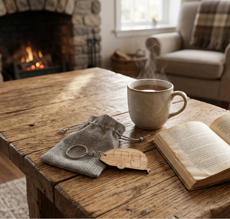 A rustic wooden table in a cozy living room setting with a stone fireplace, featuring a small gray fabric drawstring pouch, a silver keyring with a wooden caravan-shaped keychain, and an open book next to a steaming mug.