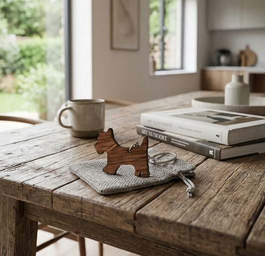 A rustic wooden table in a bright, modern kitchen setting, styled with a small wooden dog-shaped keyring on a grey cloth, a pair of glasses, and stacked books next to a ceramic mug.