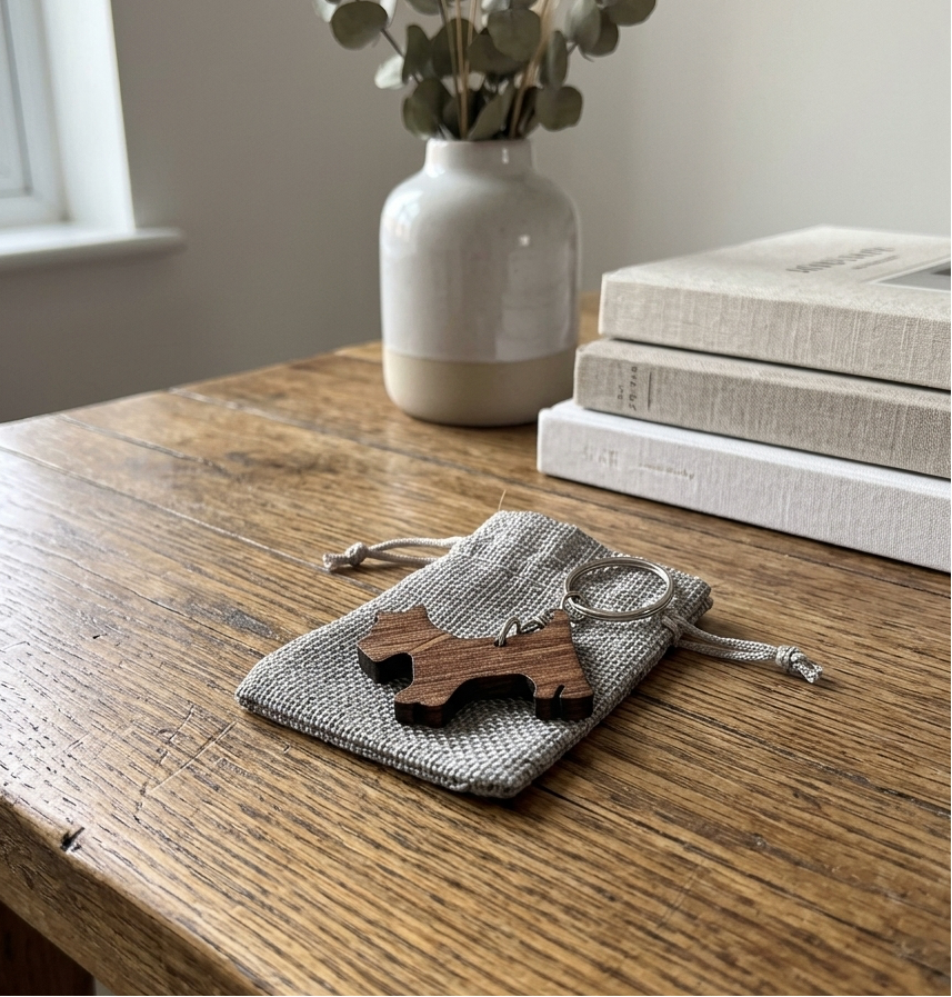 A small grey drawstring pouch holding a wooden dog-shaped keyring, placed on a rustic wooden table with a vase and stacked books in the background.