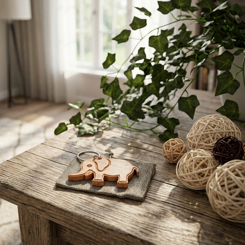 A wooden elephant-shaped keychain with a keyring rests on a textured gray cloth on a rustic wooden table. The scene is styled with a green ivy plant, woven ball decorations, and a softly blurred home interior in the background.