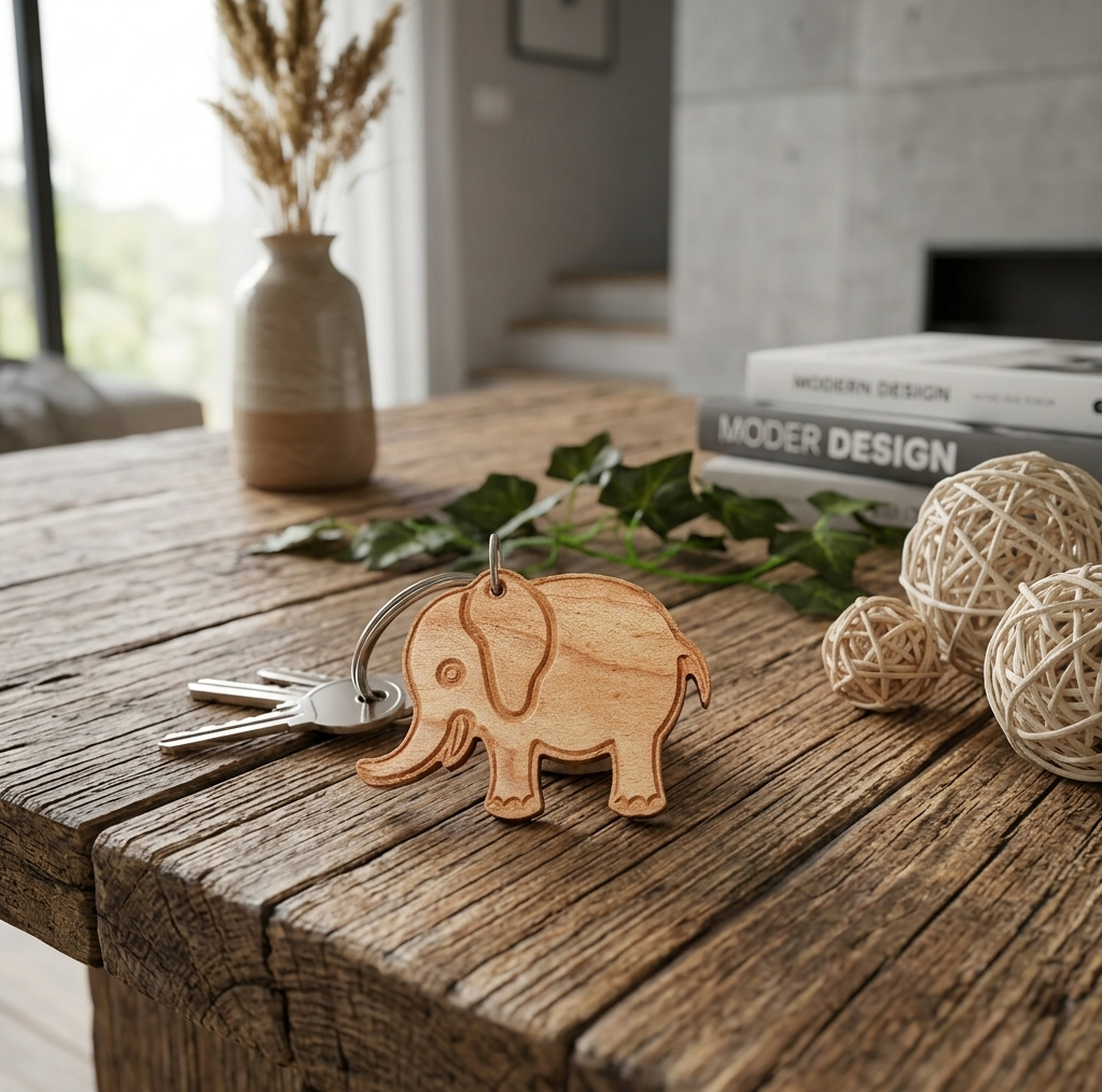 A small wooden elephant keychain with a keyring and keys, placed on a rustic wooden table in a styled interior setting with books, woven balls, and dried grass in a vase.