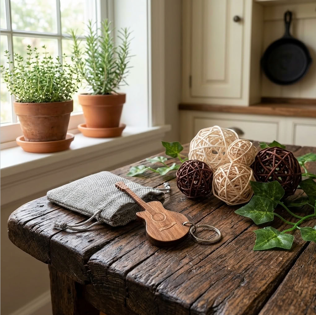 A rustic wooden guitar-shaped keychain with a keyring rests on a weathered wooden table next to a gray fabric pouch. The scene is styled with decorative woven balls, green ivy, and potted plants on a windowsill in a bright, traditional kitchen.