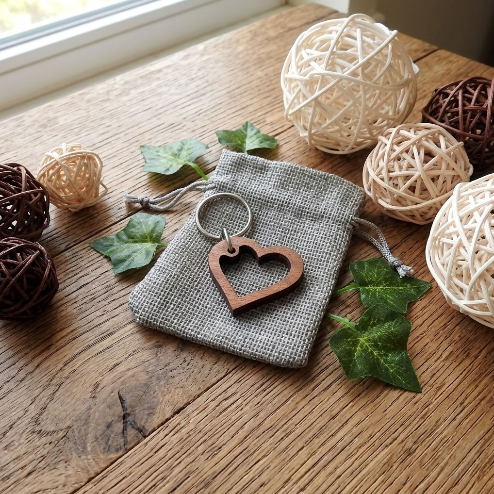 A small gray fabric pouch with a metal key ring and a wooden heart-shaped keychain, styled on a wooden tabletop with decorative woven balls and green leaves.