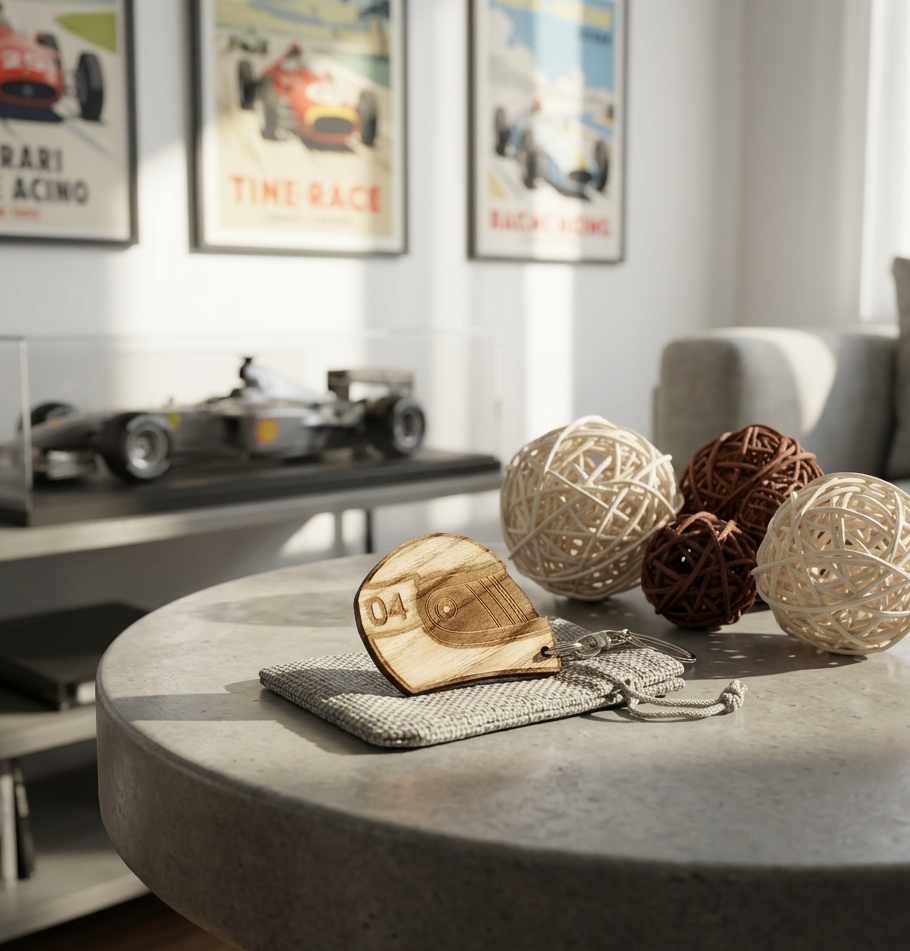 A solid hardwood racing helmet keychain personalised with a driver racing number. In a modern home with formula 1 racing decor