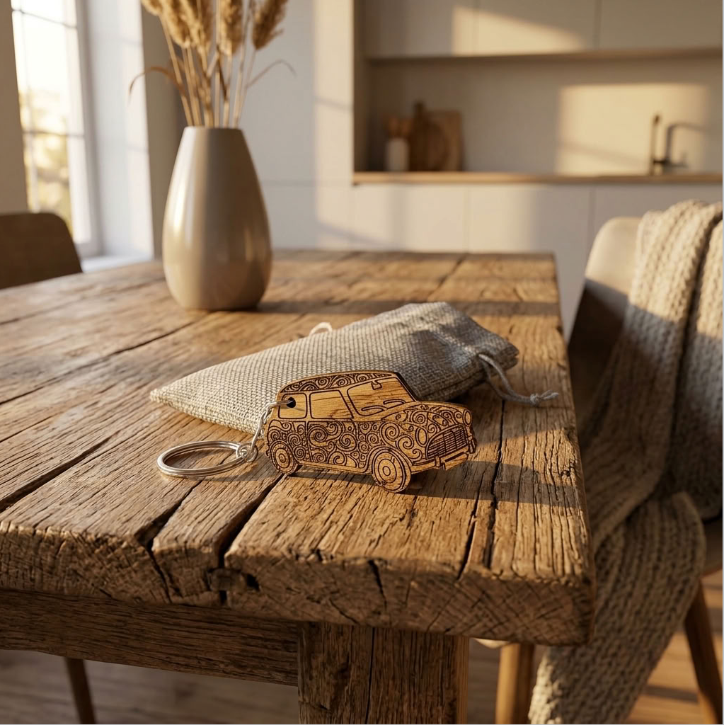 A small wooden mini car-shaped keychain with engraved patterns and a metal keyring, resting on a rustic wooden table next to a burlap drawstring pouch in a warm, sunlit interior setting.