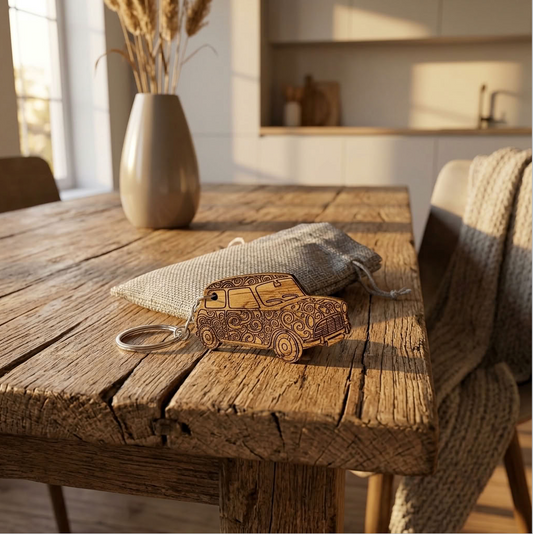 A small wooden mini car-shaped keychain with engraved patterns and a metal keyring, resting on a rustic wooden table next to a burlap drawstring pouch in a warm, sunlit interior setting.