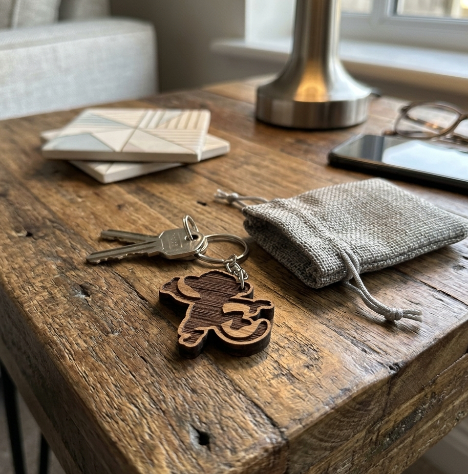 Hardwood monkey keyring with gift bag and keys, displayed on a rustic table in a modern living space