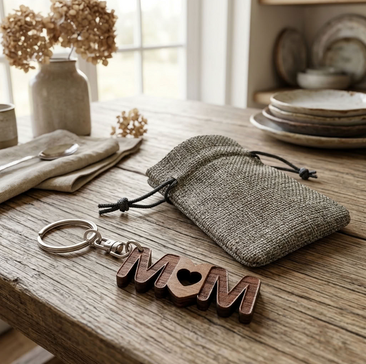A wooden keychain spelling 'MOM' with a heart in the center, resting on a rustic wooden table next to a grey drawstring gift bag, plates and flowers in a ceramic vase.