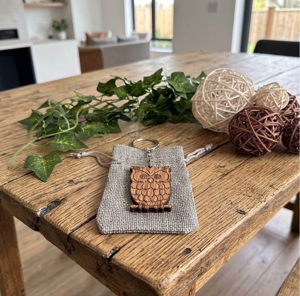A small hardwood owl keychain resting on a grey hessian pouch, placed on a rustic wooden table with decorative green leaves, woven balls, and a blurred indoor home background.