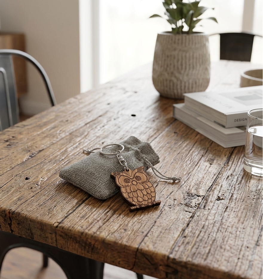 A small grey hessian drawstring pouch holding a wooden owl keychain, placed on a rustic wooden dining table in a real indoor setting with chairs, books, and a plant visible.