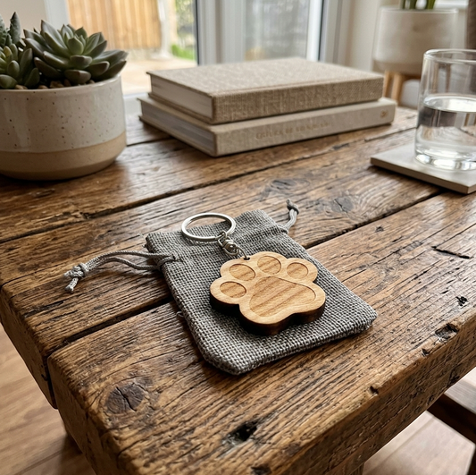 Hardwood paw shaped keychain with metal keyring and grey hessian gift bag on a rustic table in a living room.