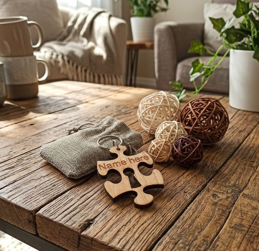 A personalised hardwood keychain in a puzzle piece shape with a grey hessian gift bag. On a rustic table in a cosy living room setting.
