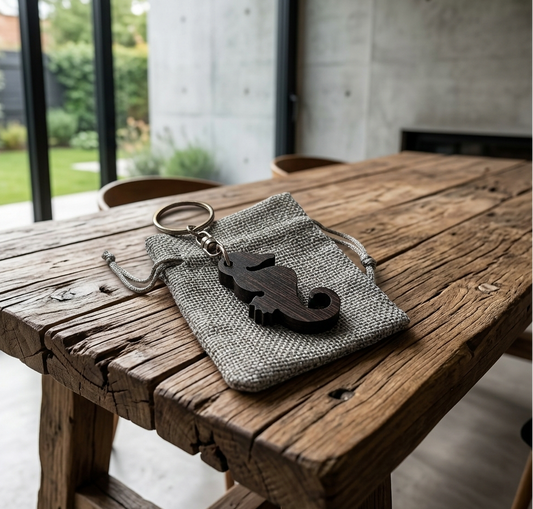 A dark brown wenge wooden seahorse keychain with a split ring, resting on a textured grey fabric pouch, placed on a rustic wooden table in a modern interior setting.