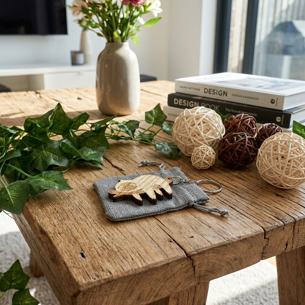 A small wooden sloth-shaped keychain resting on a grey fabric pouch on a rustic wooden table, styled with books, woven ball decorations, green leaves, and a vase in a bright indoor setting.