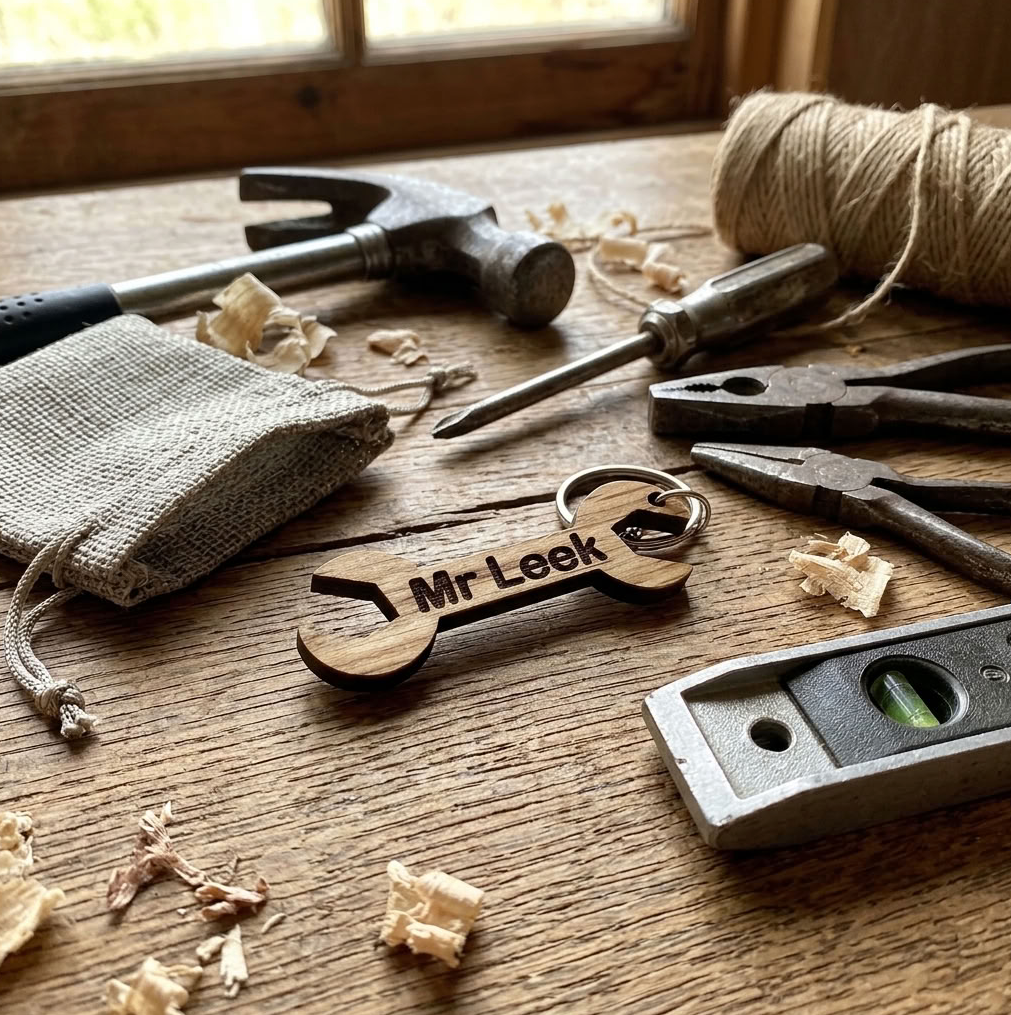 A wooden spanner-shaped tool keychain personalised with 'Mr Leek', styled on a rustic wooden workbench with tools including a hammer, pliers, a burlap pouch, twine, and a level.