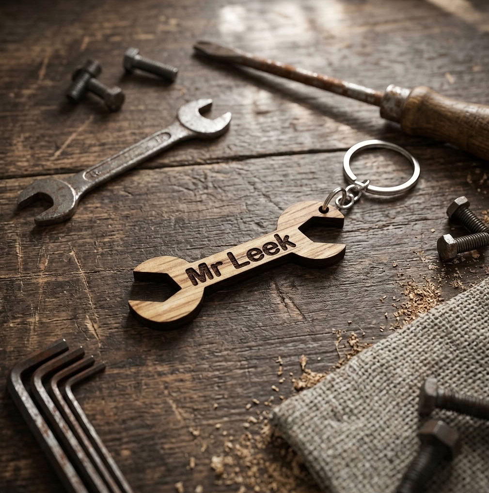 A wooden wrench-shaped keychain engraved with 'Mr Leek' lies on a rustic wooden workbench surrounded by metal tools, screws, and bolts.
