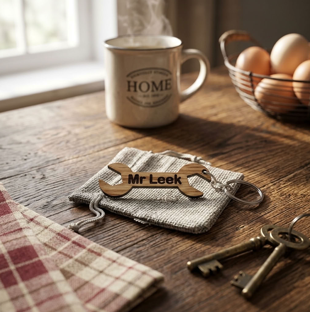 A wooden wrench-shaped keychain engraved with 'Mr Leek' rests on a small gray fabric pouch on a rustic wooden table. A cream mug with 'HOME' printed on it, a basket of eggs, and two metal keys are arranged around it in a warm, cozy indoor setting.