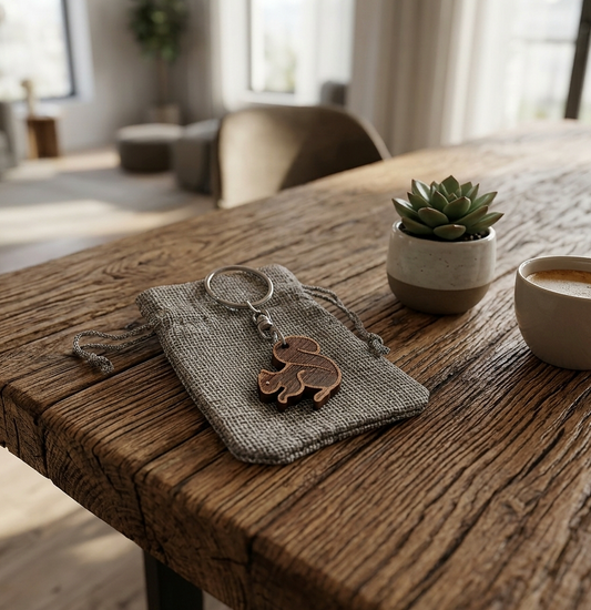 A small woven drawstring pouch with a wooden squirrel keychain or charm resting on a rustic wooden table, with a small potted succulent and a cup of coffee nearby in a softly lit indoor setting.