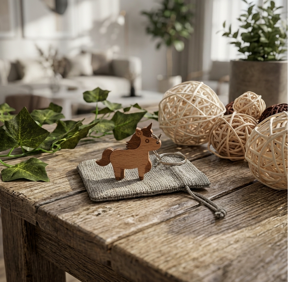 A small wooden unicorn keychain sits on a woven fabric pad on a rustic wooden table, styled with ivy leaves and natural fibre ball decorations in a bright, modern living room background.