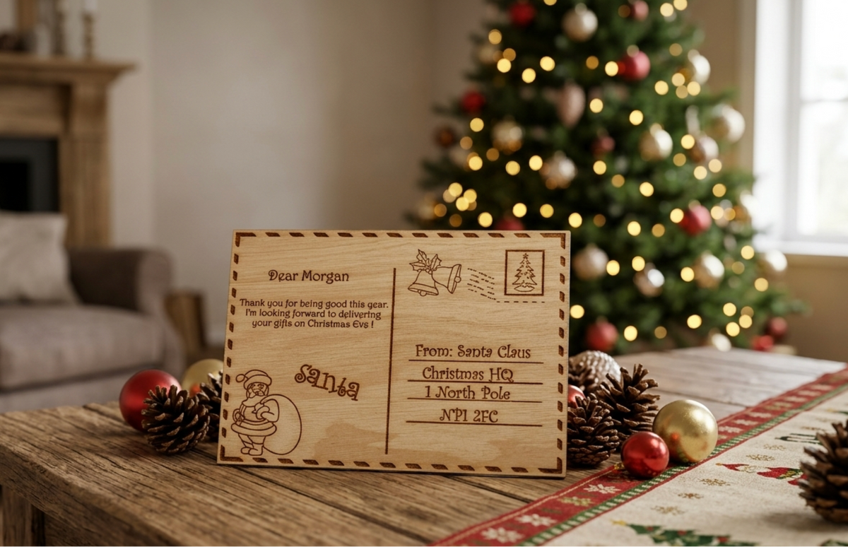 A personalised wooden Christmas letter engraved with 'Dear Morgan' and a Santa Claus message, displayed on a rustic wooden table with pinecones and ornaments in a cozy, blurred living room with a Christmas tree in the background.