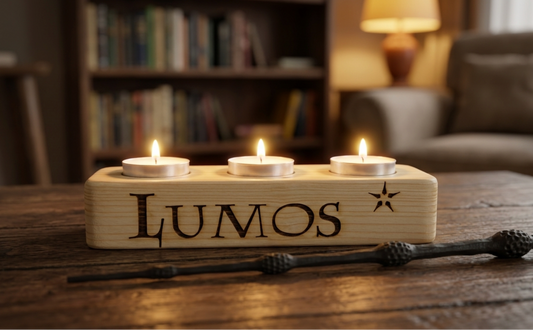 A wooden candle holder engraved with the word 'LUMOS' and a star, holding three lit tea light candles on a rustic wooden table. A wand rests in front, with a softly blurred bookshelf and lamp in the background.