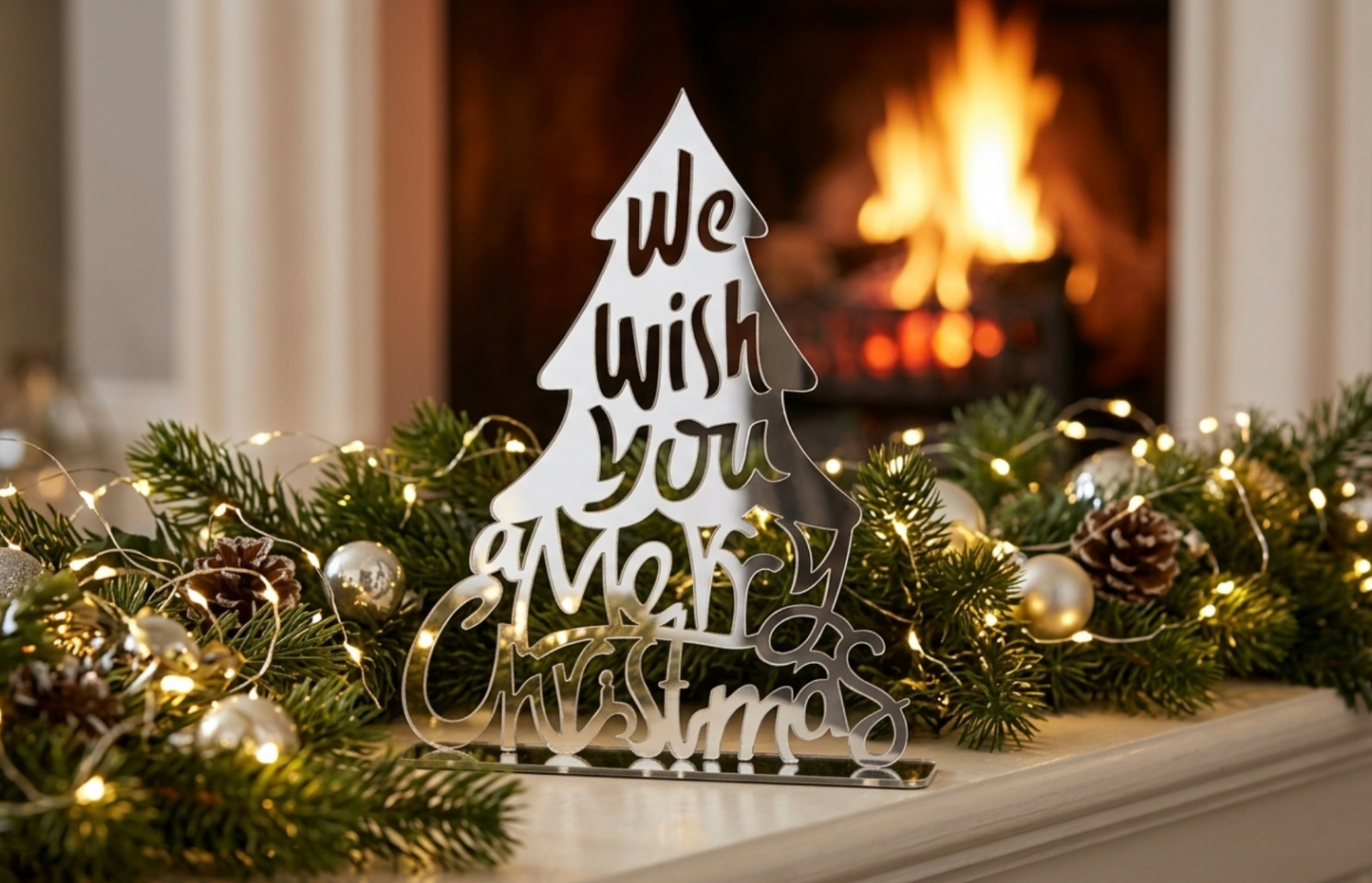 A silver mirror acrylic Christmas tree sign reading 'We Wish You a Merry Christmas' styled on a fireplace mantel with a green garland, pinecones, silver and gold ornaments, and warm string lights, with a blurred fire burning in the background.