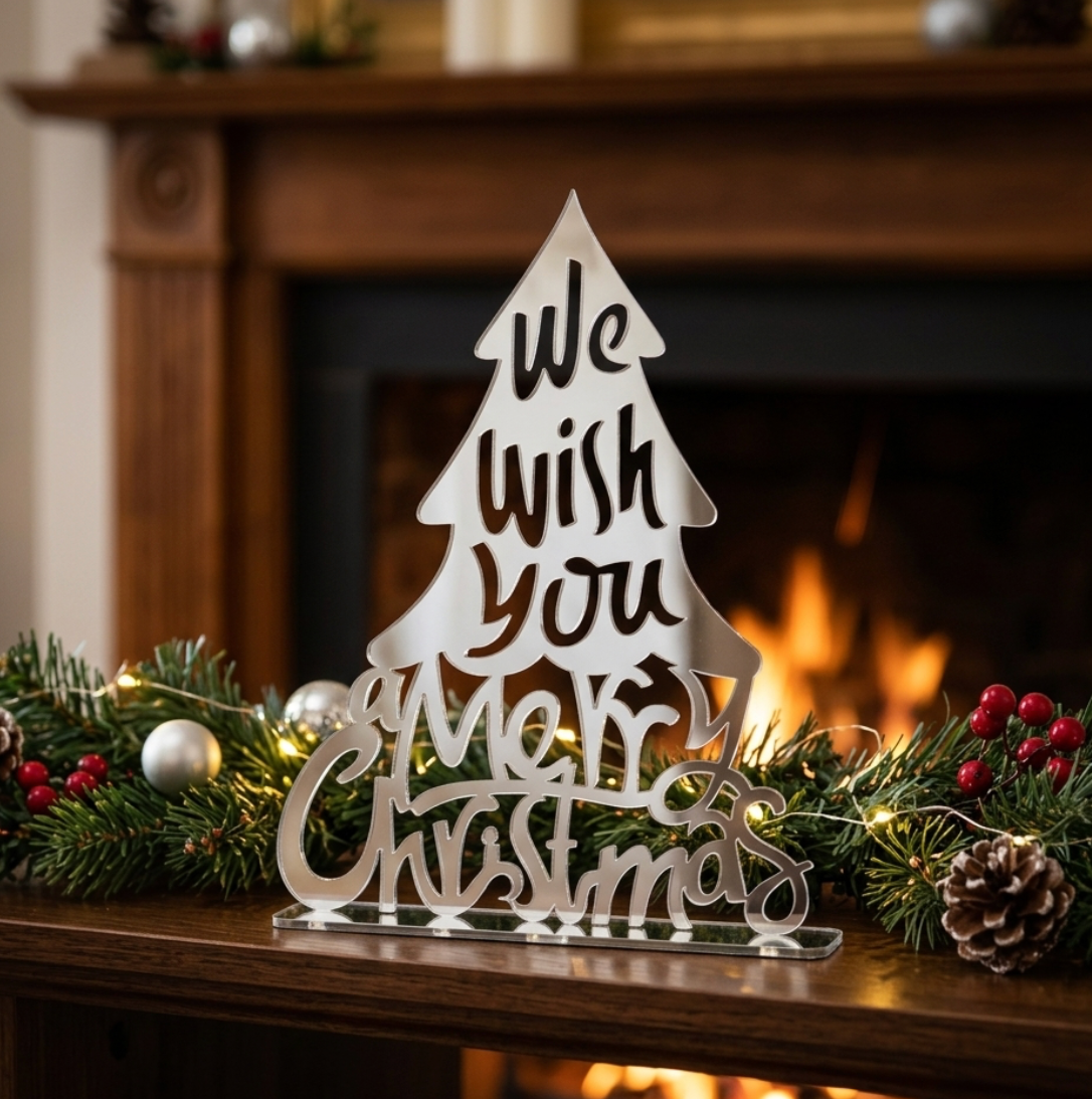 A silver mirror acrylic laser-cut Christmas tree shaped sign reading 'We Wish You a Merry Christmas' stands on an acrylic base on a wooden mantel, decorated with a festive garland and a warm fireplace in the background.