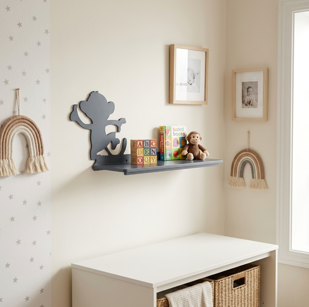 A gray wall-mounted shelf in a nursery or playroom corner, styled with a monkey silhouette cutout, colorful alphabet blocks, a small stuffed monkey, books, framed wall art, and a rainbow hanging decoration above a white storage bench.