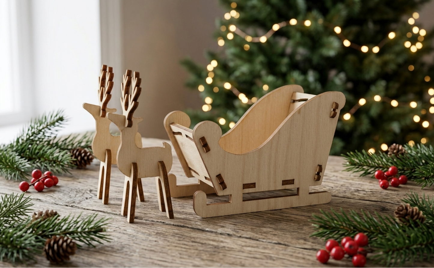 Unpainted wooden laser-cut Christmas decoration set featuring a sleigh and reindeer, displayed on a rustic wooden table with pine branches, red berries, and a blurred Christmas tree in the background.