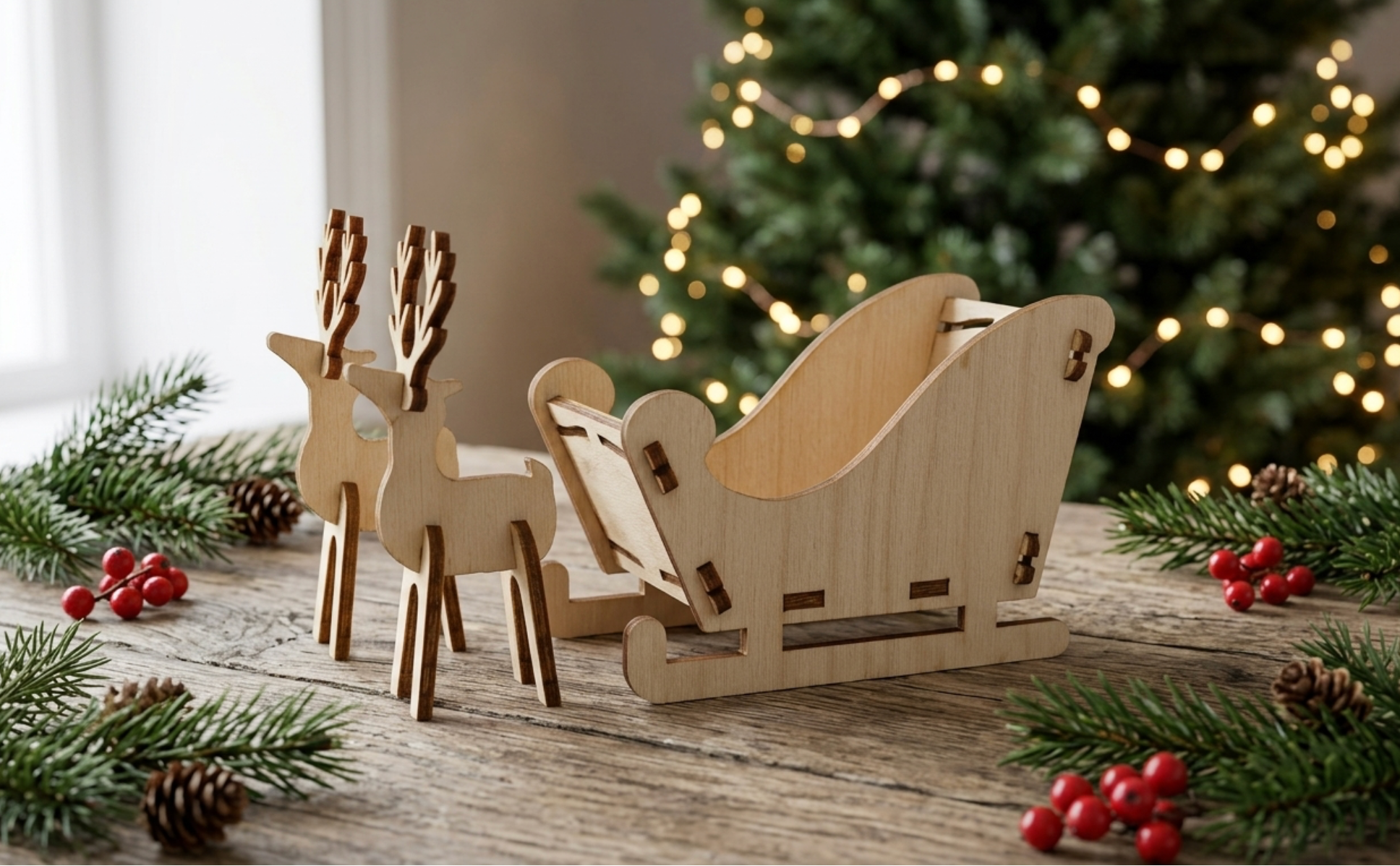 Unpainted wooden laser-cut Christmas decoration set featuring a sleigh and reindeer, displayed on a rustic wooden table with pine branches, red berries, and a blurred Christmas tree in the background.
