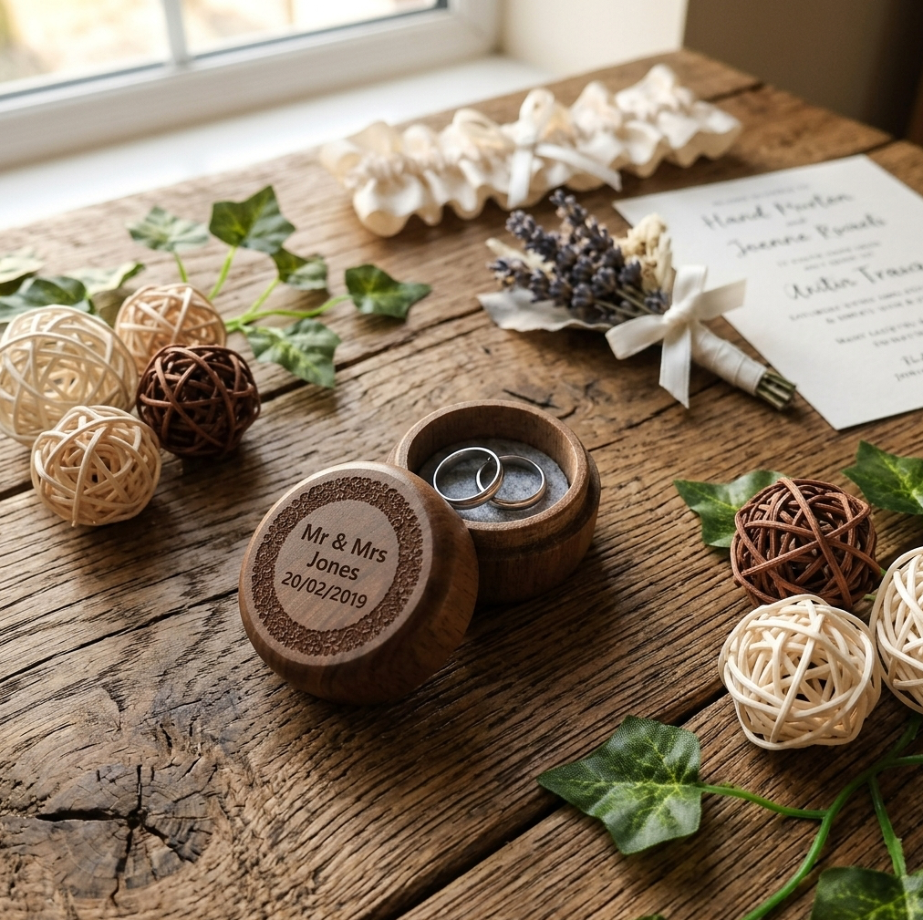 A personalised wood ring box. Set on a rustic table with wedding rings on a wedding day.