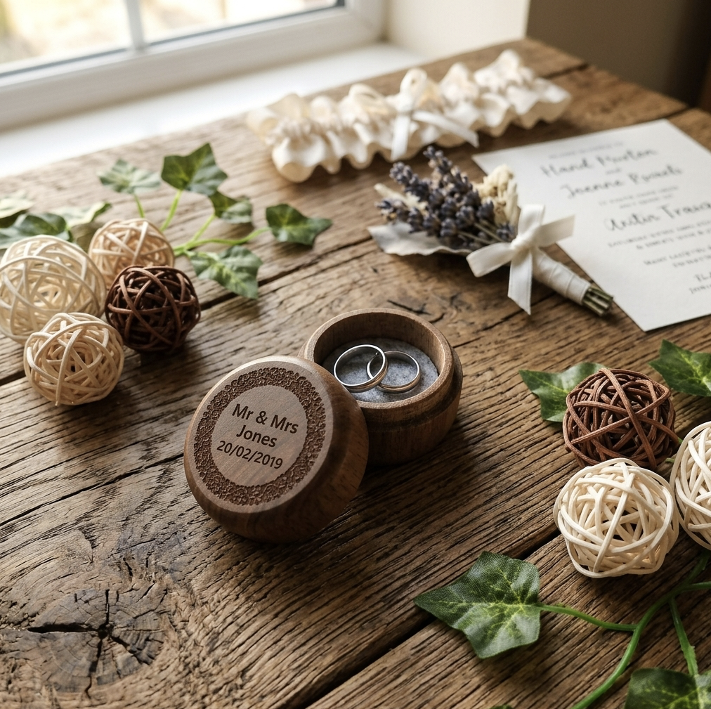 A personalised wood ring box. Set on a rustic table with wedding rings on a wedding day.