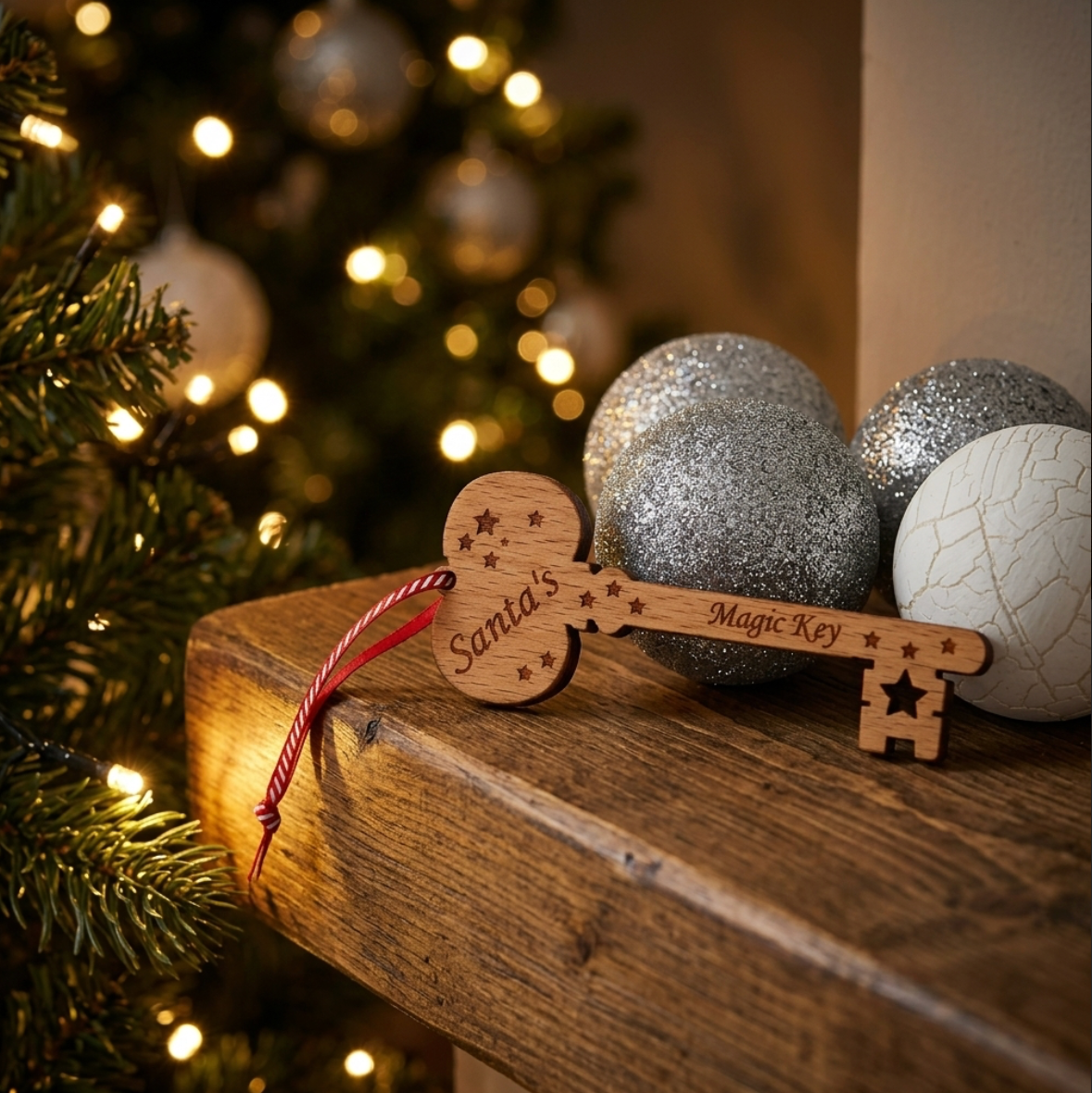 A wooden Santa's Magic Key ornament engraved with 'Santa's Magic Key' and stars, hanging from a red ribbon, resting on a wooden mantelpiece next to a blurred Christmas tree and silver ornaments.