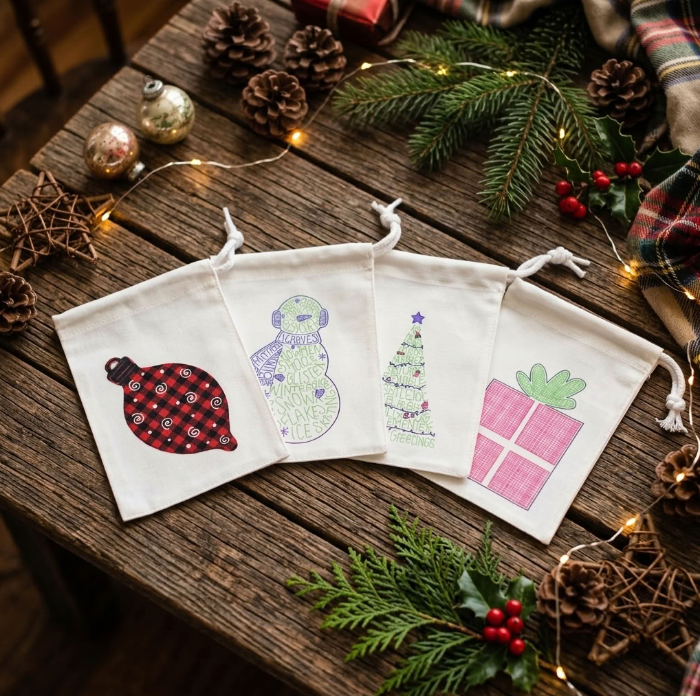 Reusable Christmas Gift Bags – Festive Fabric Drawstring Bags