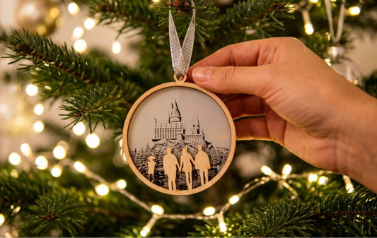 A hand holds a round wooden and acrylic ornament featuring a laser-cut silhouette of Hogwarts Castle and three figures, hanging in front of a softly blurred Christmas tree with warm string lights.