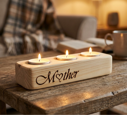 A wooden candle holder engraved with 'Mother' and holding three lit tea lights, placed on a rustic wooden table in a cozy living room setting.