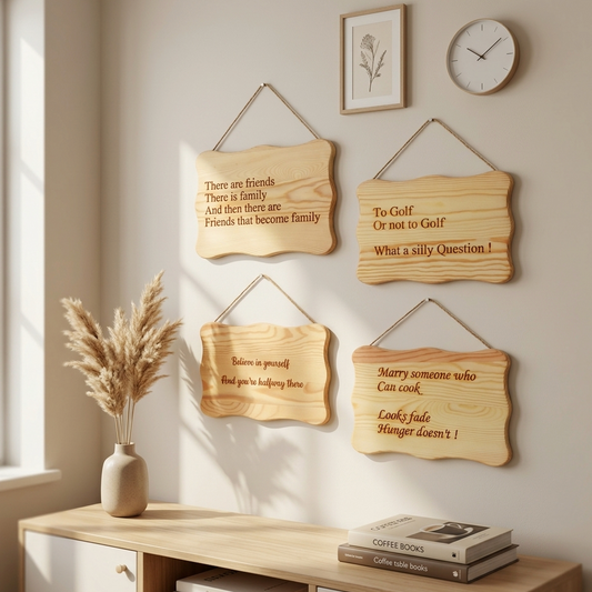 Four wooden hanging signs with engraved humorous quotes are displayed on a light beige wall above a wooden console table. The room setting includes a vase with dried grass, books, a framed picture, and a wall clock.