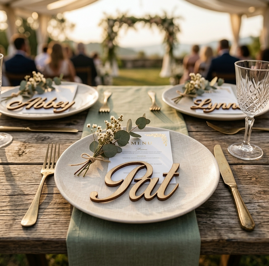 Outdoor wedding table setting with white plates, gold cutlery, a sage green runner, small eucalyptus and baby's breath floral accents, and wooden name place settings reading 'Pat', 'Lilly', and 'Abbey' on a rustic wooden table under a tent.
