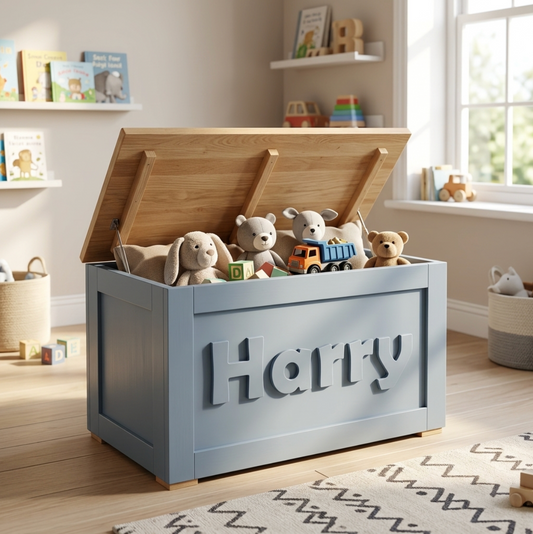 A personalised grey wooden toy box with the name 'Harry' cut into the front and an oak lid, filled with plush toys and a small toy truck, set in a bright children's room.