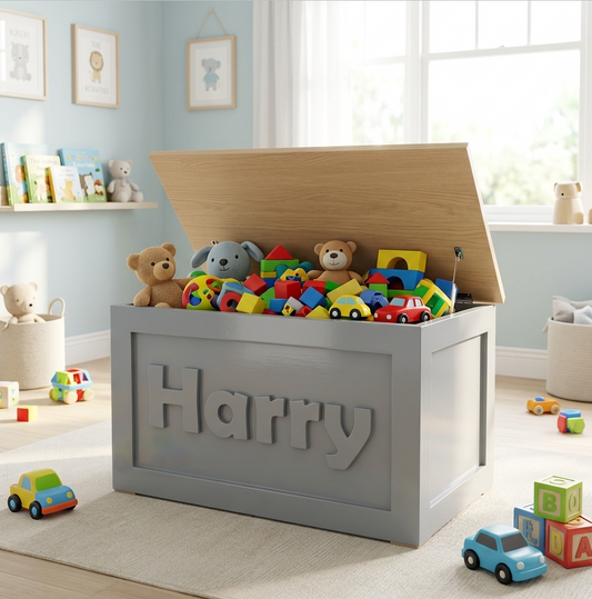 A personalised grey wooden toy box with the name 'Harry' embossed on the front, shown open in a child's room with colorful toys inside.