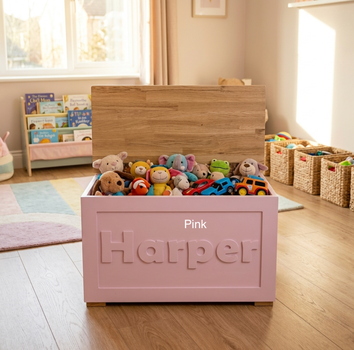 A pink wooden children's storage box with the name 'Harper' embossed on the front and an oak lid, shown open with stuffed toys inside in a bright nursery or playroom. The box is personalised with the child's name, and the scene includes a rug, baskets, and a small bookshelf in the background.