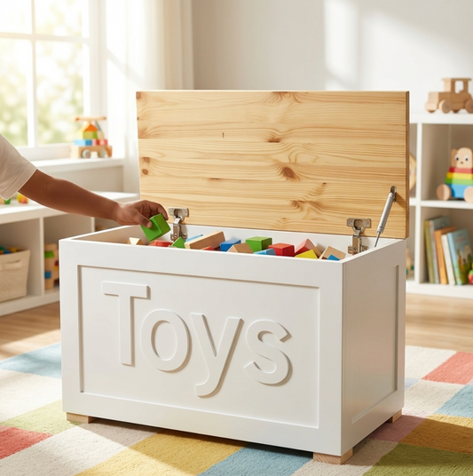 A white wooden toy storage box with the word 'Toys' engraved on the front, shown open with colourful blocks inside. A child's hand is placing a green block into the box.