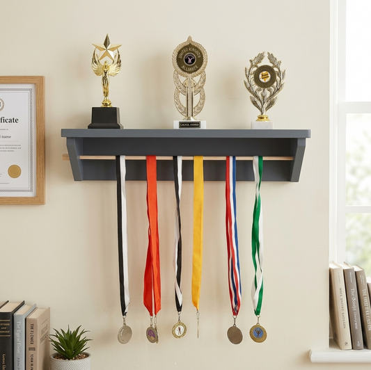 A dark gray wall-mounted shelf with a wood rod that pulls out to add medals to hang holding colorful sports medals, shown in a styled room setting with books, a plant, and a framed certificate.