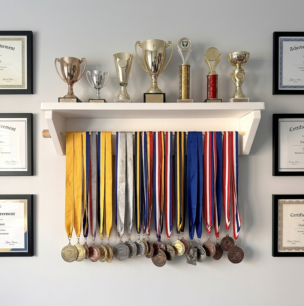 A white wall-mounted trophy rack holding a row of gold and silver cups on the shelf and medals with long ribbons hanging below. Framed certificates are displayed on the wall around the rack.
