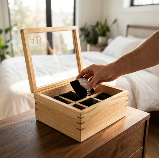 A wooden watch box with a clear lid engraved with initials and black watch cushion compartments, shown on a wooden table in a bedroom setting. A hand is placing a watch into the box.