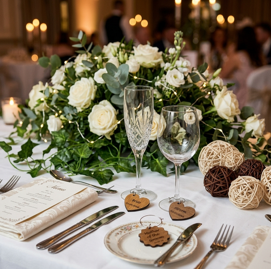 Personalised wooden wine glass chairs perfect for weddings and events. A beautifully arranged wedding table setting with a large white rose and green eucalyptus floral centrepiece, crystal and wine glasses, silver cutlery, place cards, and decorative woven ball ornaments on a white tablecloth in a softly blurred event hall.