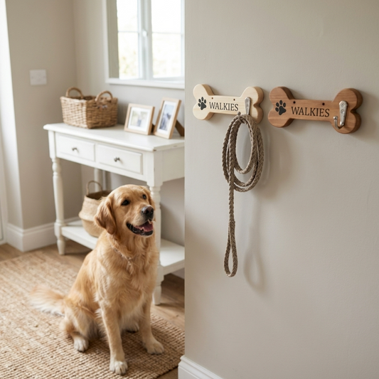 A golden retriever sits on a woven rug in a bright home entryway, while the product shown mounted on a beige wall is a pair of wooden bone-shaped hooks for dog leads. The tags are engraved with the word 'WALKIES' and paw prints.