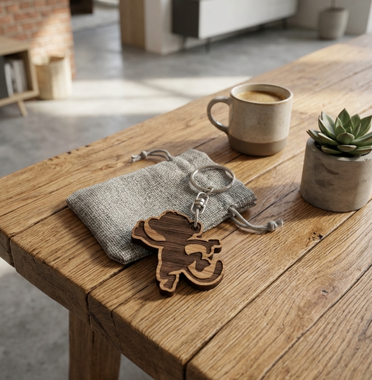 A wooden monkey silhouette keychain with a matching bag and displayed on a rustic wooden table in a modern, sunlit living room setting.