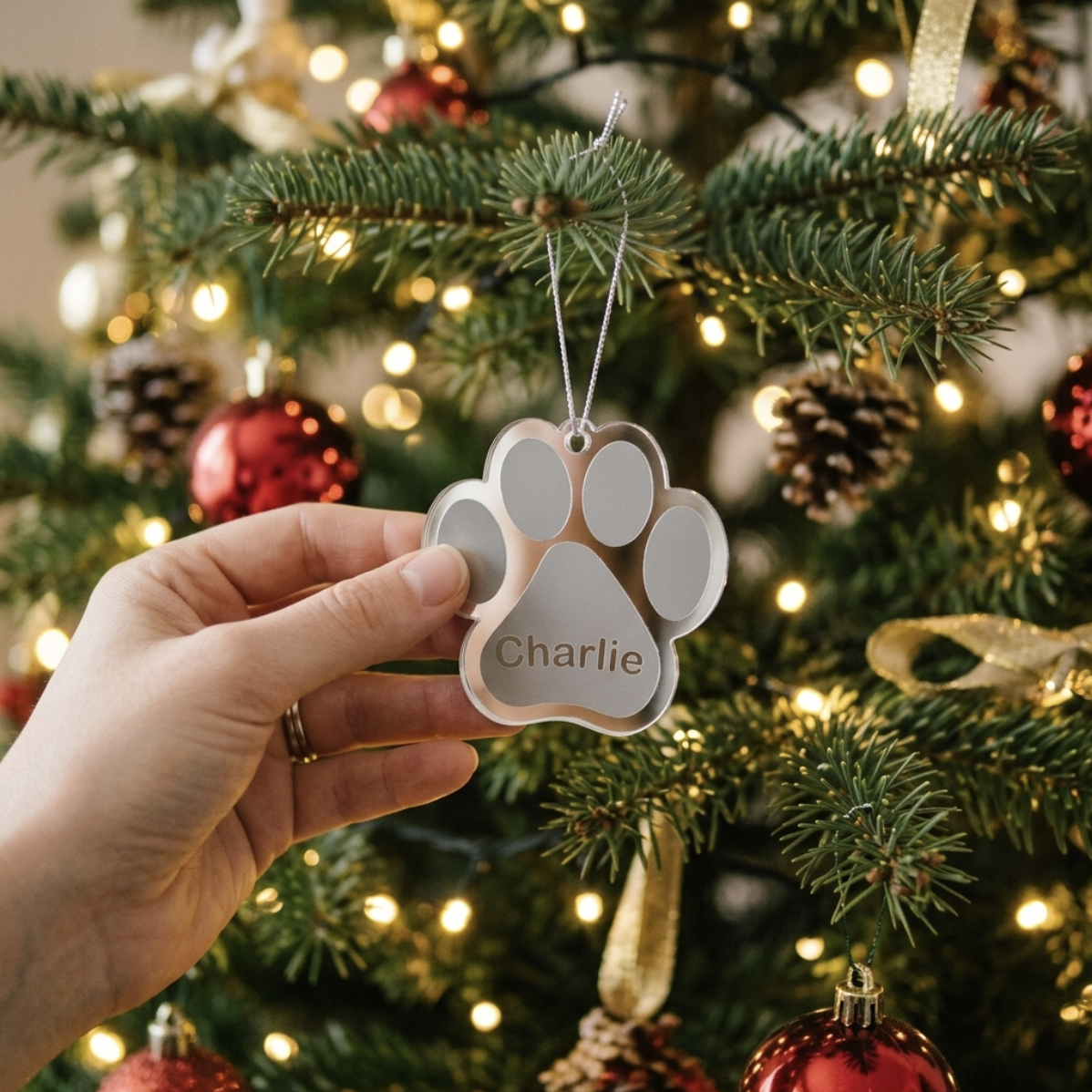 A hand holds a silver mirrored acrylic paw-shaped Christmas ornament engraved with the name 'Charlie' in front of a lit Christmas tree with red ornaments and pinecones.